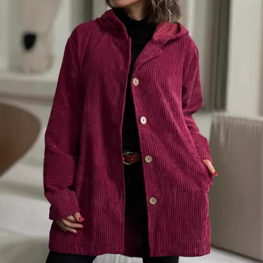 Damen Kapuzenjacke aus Kordstoff mit Knopfverschluss EB