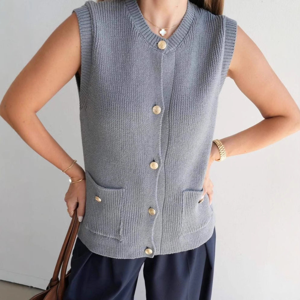 Damen Strickweste mit Knopfleiste und praktischen Taschen EB