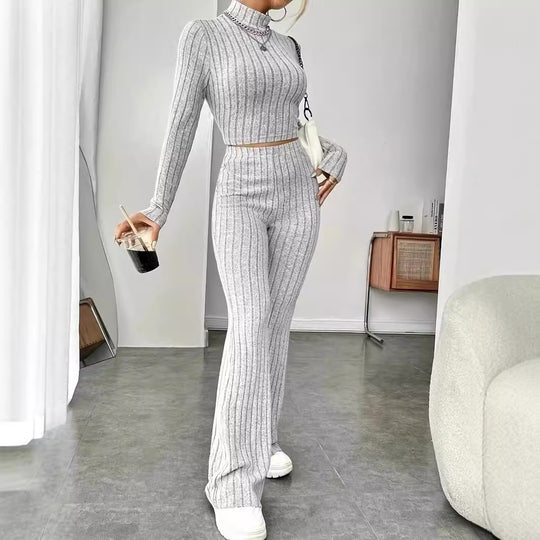 Damen Strickfleece Set mit hohem Kragen und ausgestellten Hosen EB