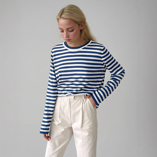 Damen gestreifter Langarmpullover mit Rundhalsausschnitt und lässigem Schnitt EB