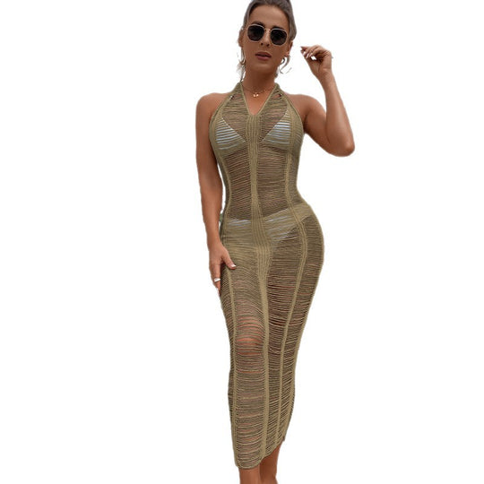 Damen Häkel-Strandkleid mit fransigen Elementen und hoher Taille EB