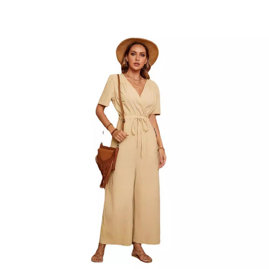 Damen lässiger Jumpsuit mit Taillengürtel und weitem Bein EB