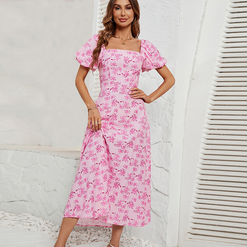 Damen Maxikleid mit schickem Quadrat-Ausschnitt und voluminösen Puffärmeln EB