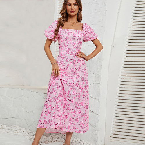 Damen Maxikleid mit schickem Quadrat-Ausschnitt und voluminösen Puffärmeln EB