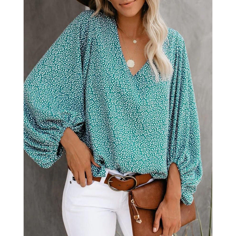 Damen Bluse mit weitem Puffärmel und eleganter V-Ausschnitt EB