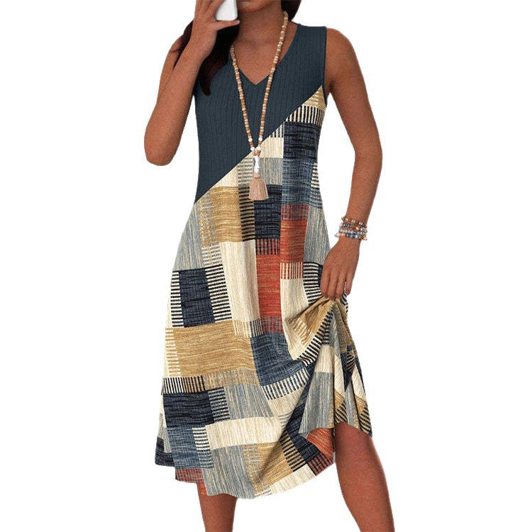 Damen nan ärmelloses V-Ausschnitt Midikleid mit diagonalem Patchworkmuster und geripptem Oberteil EB