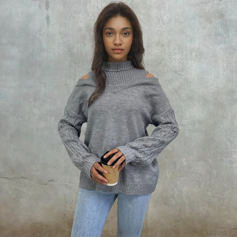 Damen Strickpullover mit Off-Shoulder-Design und strukturierten Ärmeln EB