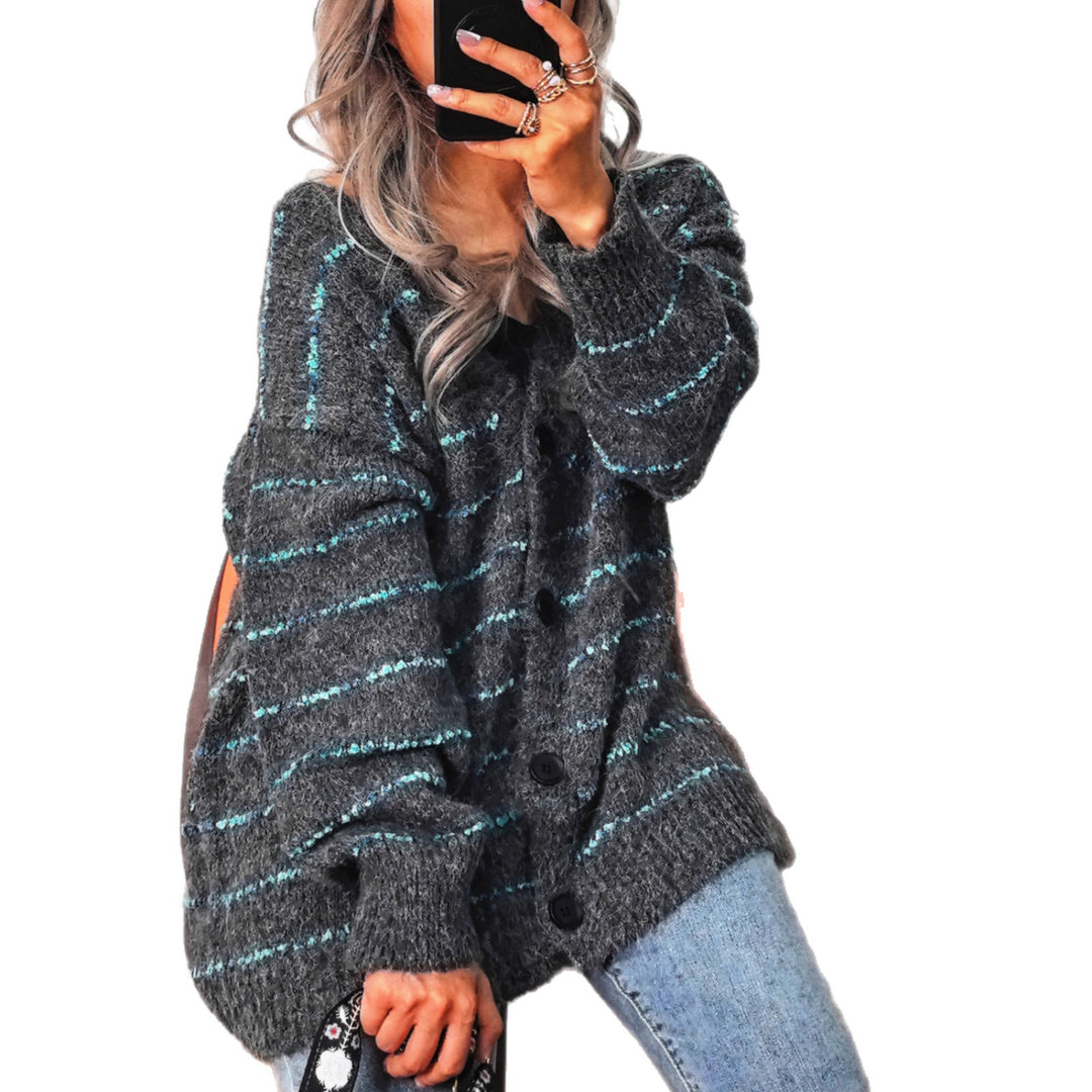 Damen Grobstrickjacke mit modischen Kontraststreifen und eleganten Knopfdetails EB