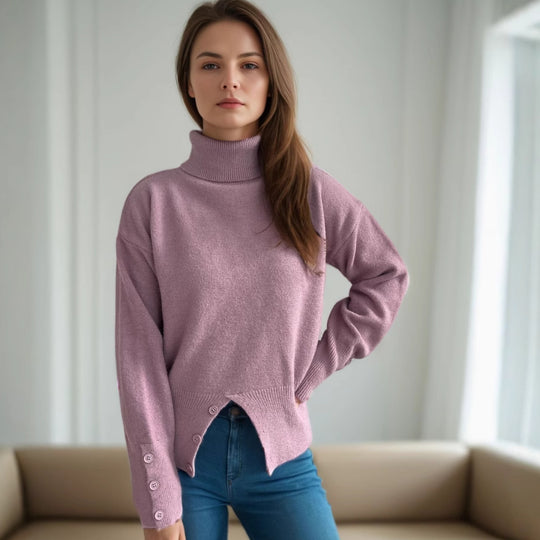 Damen modischer Rollkragenpullover mit Knopfdetails und asymmetrischem Saum EB