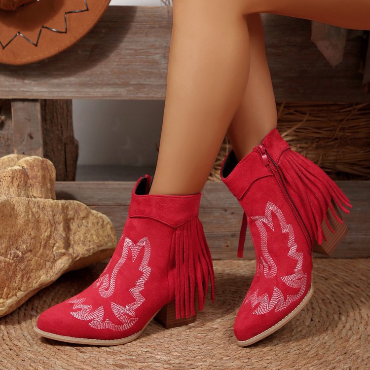 Damen Modische Ankle-Stiefel mit fransigem Detail und stilvollem Musterdruck EB