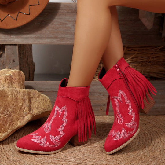 Damen Modische Ankle-Stiefel mit fransigem Detail und stilvollem Musterdruck EB