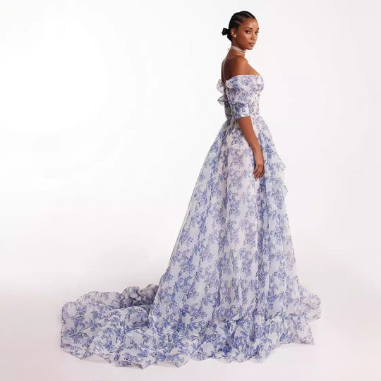 Damen Festliches Maxikleid mit schulterfreiem Design und floralen Rüschendetails EB
