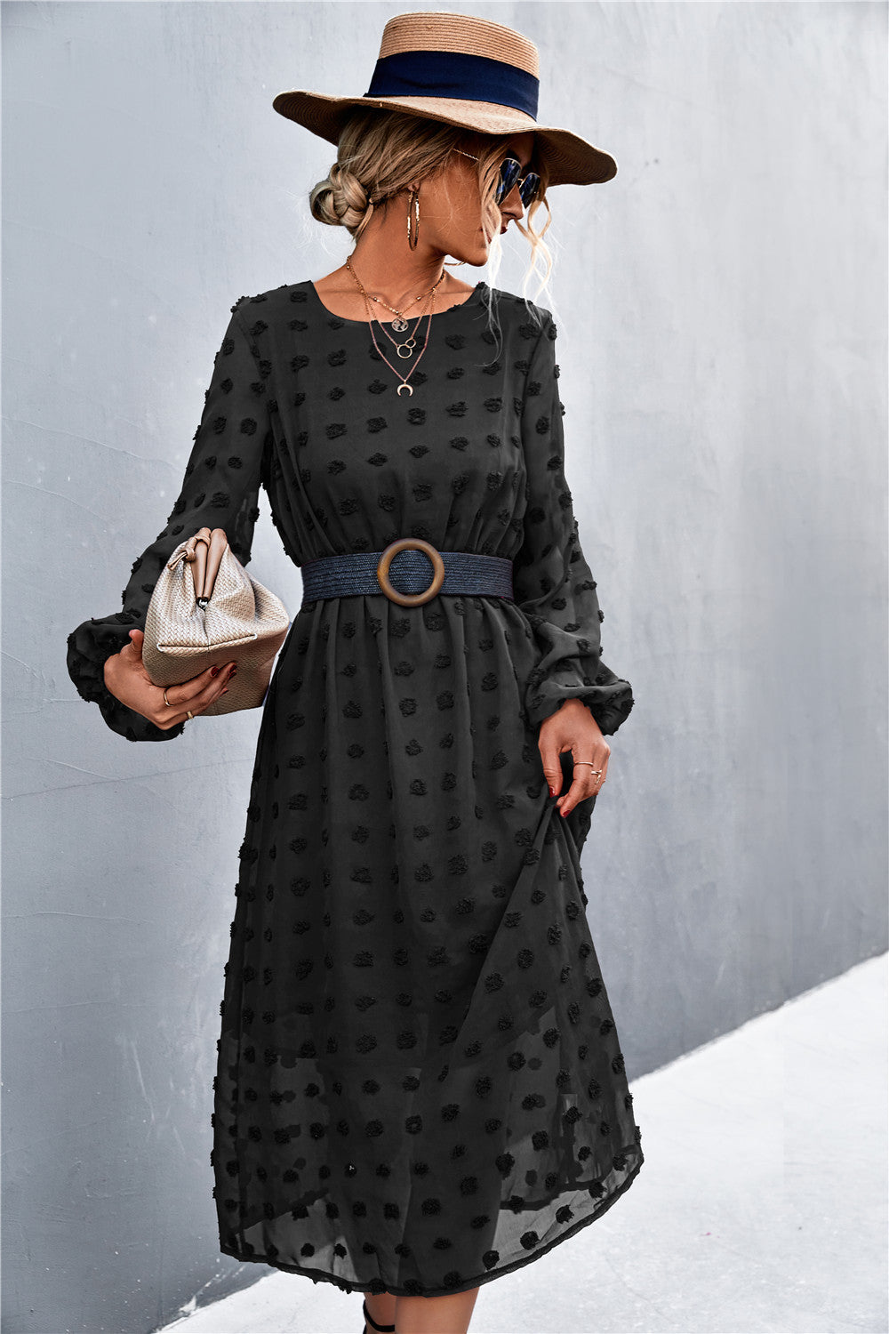 Damen Chiffonkleid mit elegantem Strukturmuster und modischem Gürtel EB