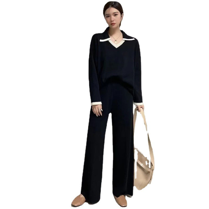 Damen elegantes und lässiges Strickensemble mit V-Ausschnitt und breitem Saum EB