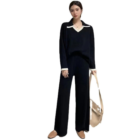 Damen elegantes und lässiges Strickensemble mit V-Ausschnitt und breitem Saum EB