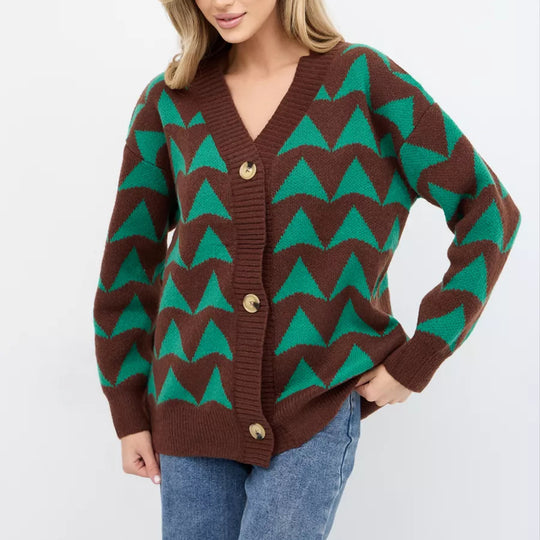 Damen Strickjacke mit geometrischem Muster und knöpfbarem Design EB