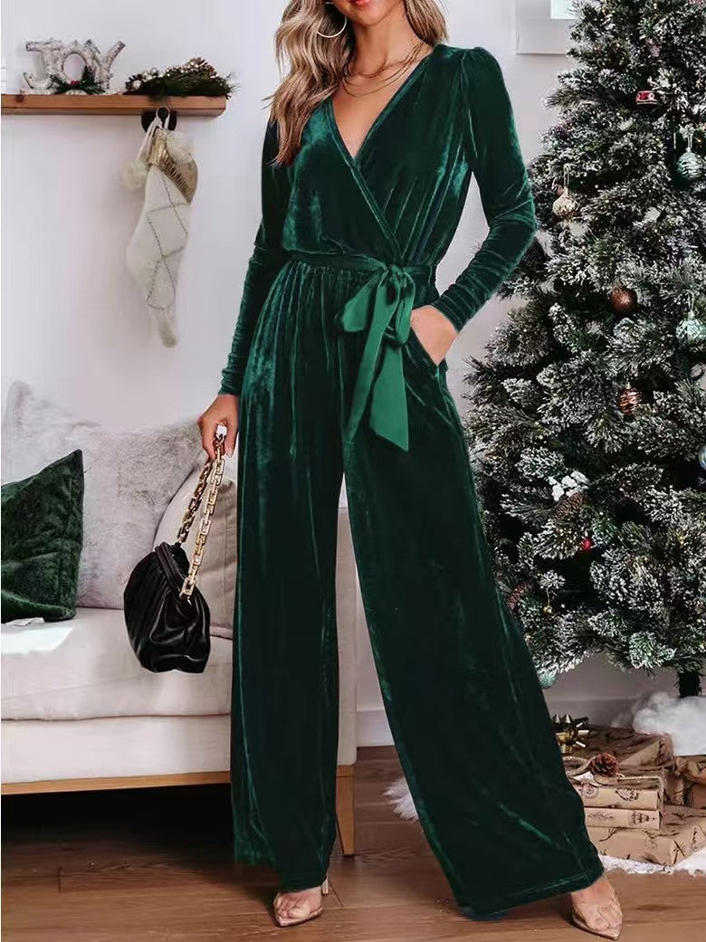 Damen Samt‑Jumpsuit mit Wickel‑V‑Ausschnitt, weitem Bein und Taillengürtel EB