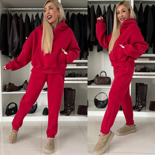 Damen Kurzgeschnittenes Kapuzen-Hoodie und High‑Waist Jogginghose Set aus weichem French-Terry EB