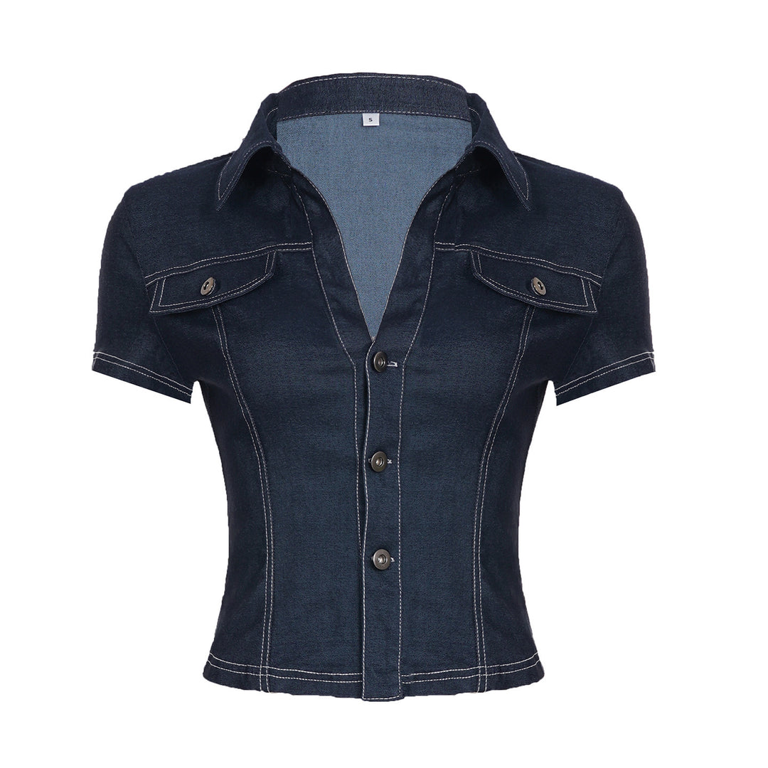 Damen Stylisches Jeanshemd mit taillierter Passform und kurzen Ärmeln EB