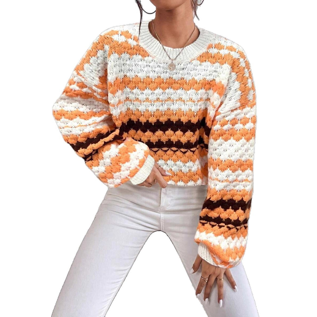 Damen Strickpullover mit kreativem Lochmuster und modischen Farbakzenten EB