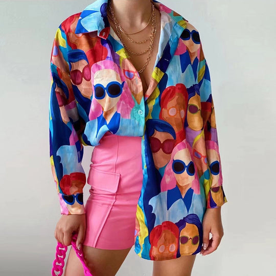 Damen Oversized Bluse mit buntem Grafikdruck EB