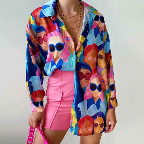 Damen Oversized Bluse mit buntem Grafikdruck EB