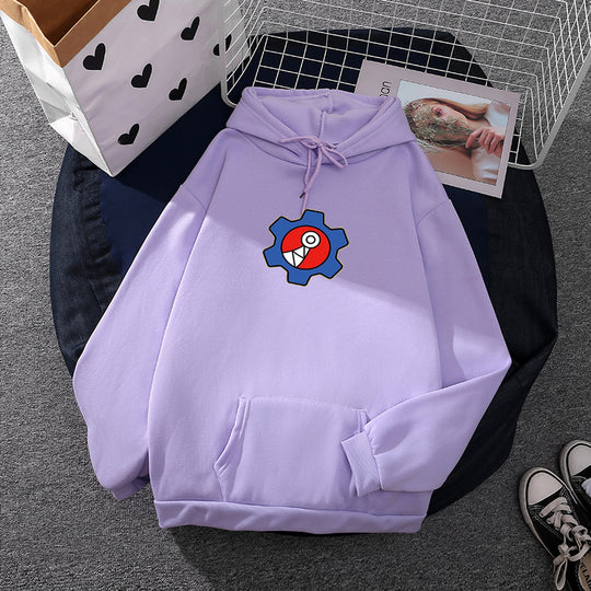 Damen nan oversized Fleece-Kapuzenpullover mit weicher Innenseite, Kängurutasche und appliziertem Zahnrad-Comic-Motiv EB