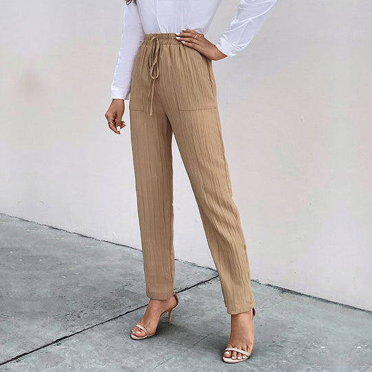 Damen lässige High-Waist-Hose mit elastischem Bund und praktischen Taschen EB