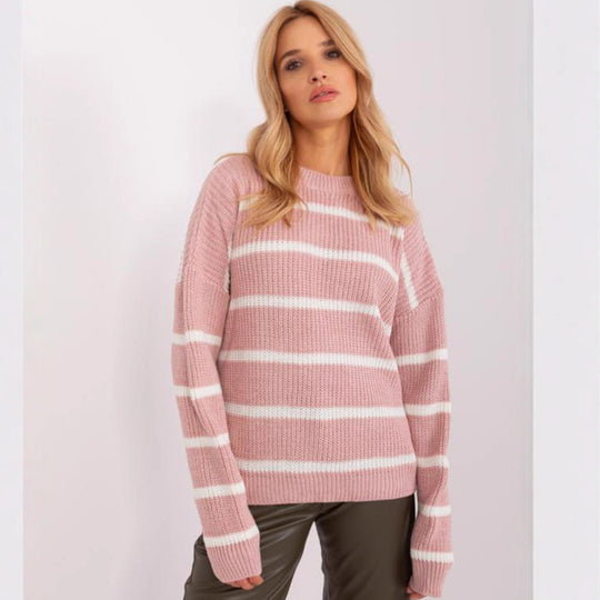 Damen lässiger Strickpullover mit modernem Streifenmuster und weitem Schnitt EB