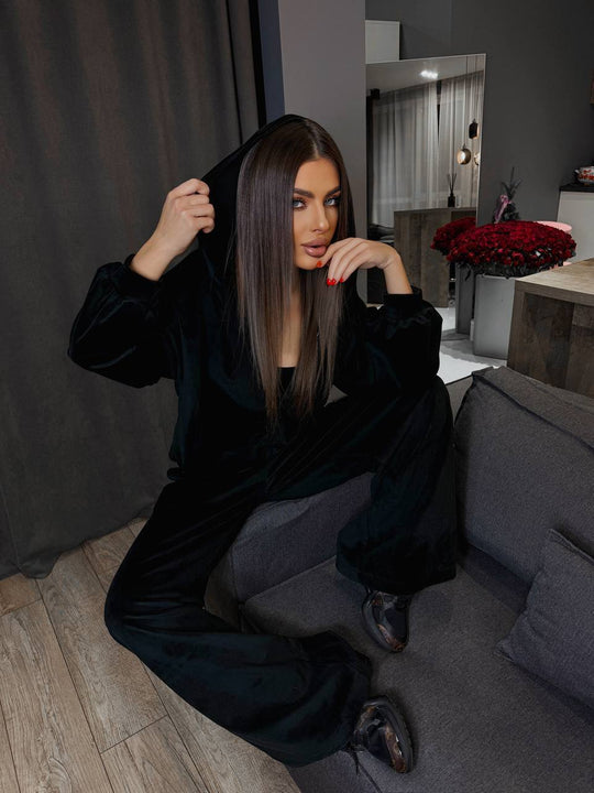 Damen luxuriöses Velours-Cropped-Hoodie und High-Waist Weite Jogginghose Set EB