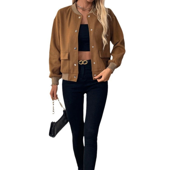 Damen modische Overshirt-Jacke mit Druckknopfverschluss und seitlichen Taschen EB