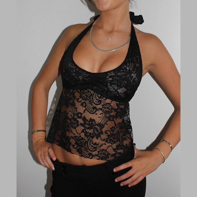 Damen Spitzen-Haltertop mit floralem Muster und tiefem V-Ausschnitt EB