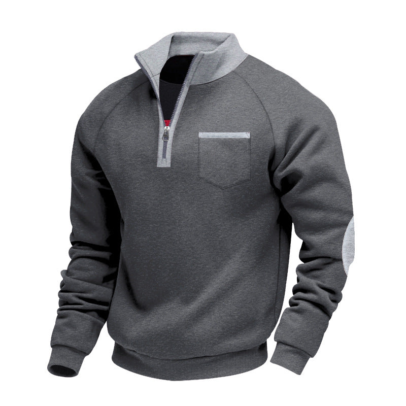 Herren Raglan-Halbzip-Sweatshirt mit Stehkragen, Brusttasche & Ellbogenapplikation EB