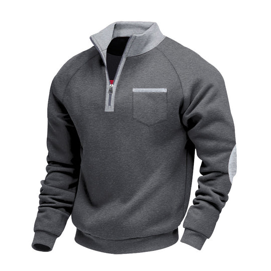 Herren Raglan-Halbzip-Sweatshirt mit Stehkragen, Brusttasche & Ellbogenapplikation EB