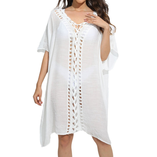 Damen luftiger Kaftan mit filigranem Häkelmuster EB