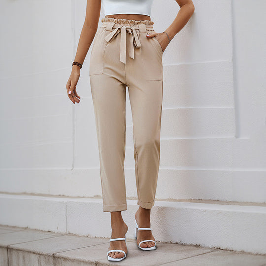 Damen elegante Chino-Hose mit hohem Bund und Taillenzug EB