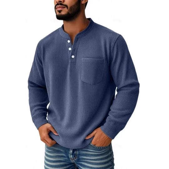 Herren nan thermisches Waffelstrick-Henleyshirt mit Stehkragen Brusttasche und geripptem Komfortschnitt EB