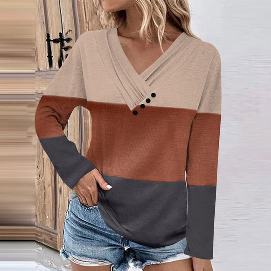 Damen Gerippter V-Ausschnitt Pullover mit Farbverlauf, Zierknöpfen und legerer Passform EB
