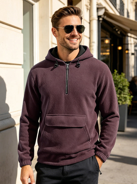 Herren Fleece-Hoodie mit halbem Reißverschluss, Kängurutasche und verstellbarer Kapuze EB