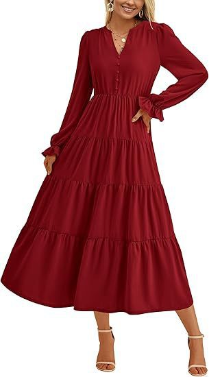 Damen Maxikleid mit knopfverzierter Front und voluminösen Ärmeln EB