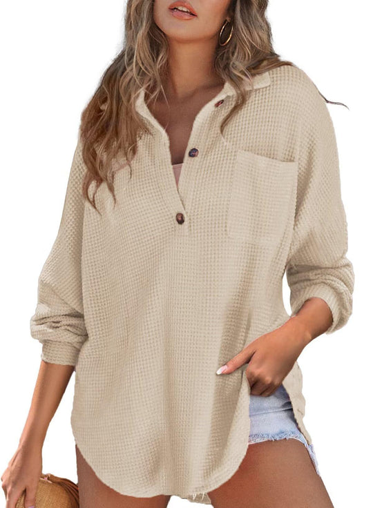 Damen Lässiges Waffle-Muster Oberteil mit Knopfdetail EB