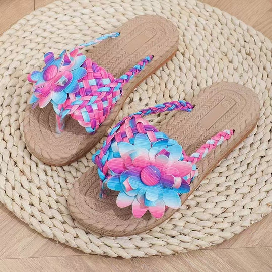 Damen modische Slide-Sandalen mit hochglänzendem Blumendetail EB