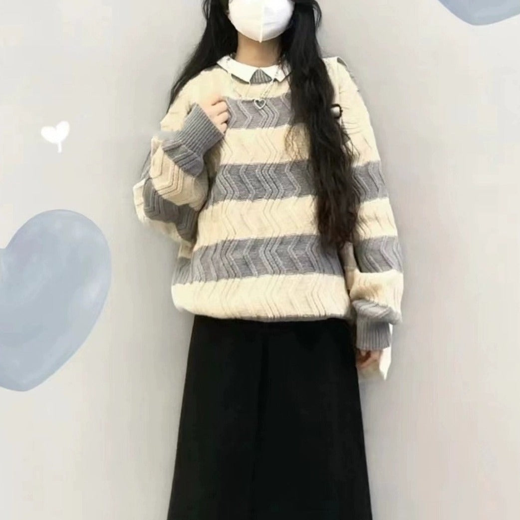 Damen Modischer Strickpullover mit strukturiertem Wellenmuster EB