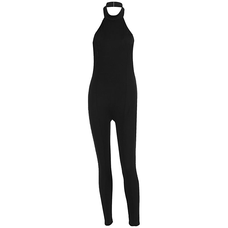 Damen figurbetonter Jumpsuit mit hohem Kragen und Rippstruktur EB