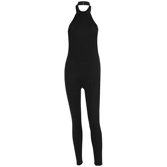 Damen figurbetonter Jumpsuit mit hohem Kragen und Rippstruktur EB
