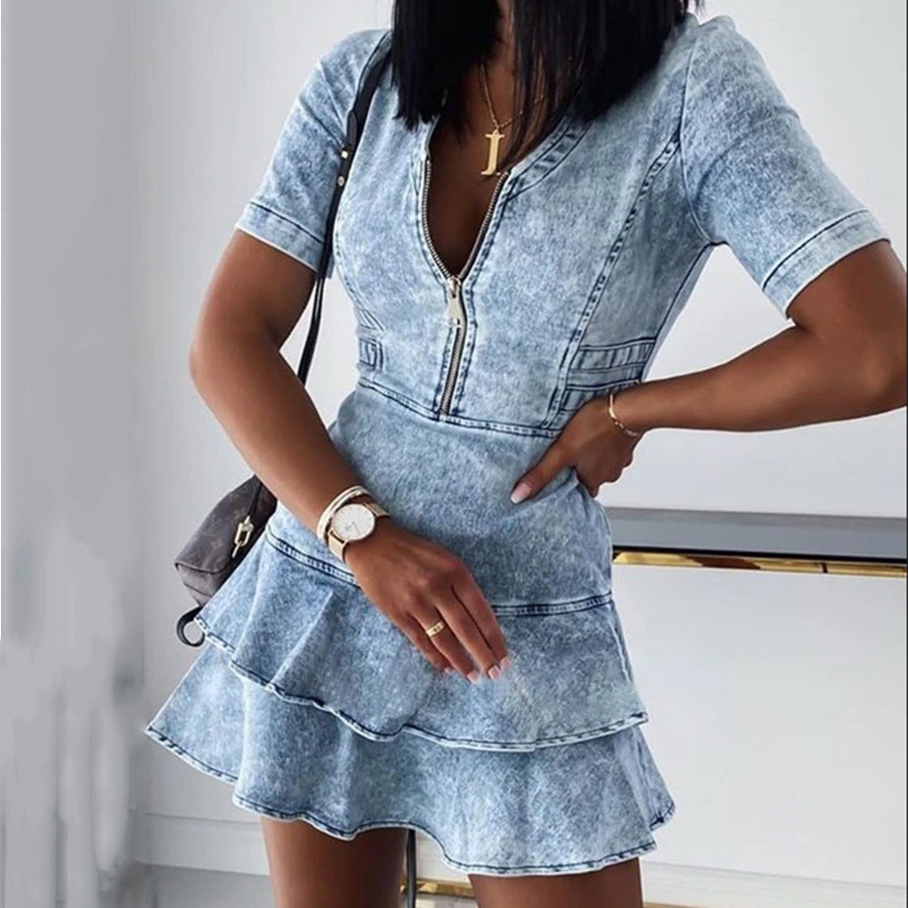 Damen Jeanskleid mit Rüschendetails und Reißverschluss EB