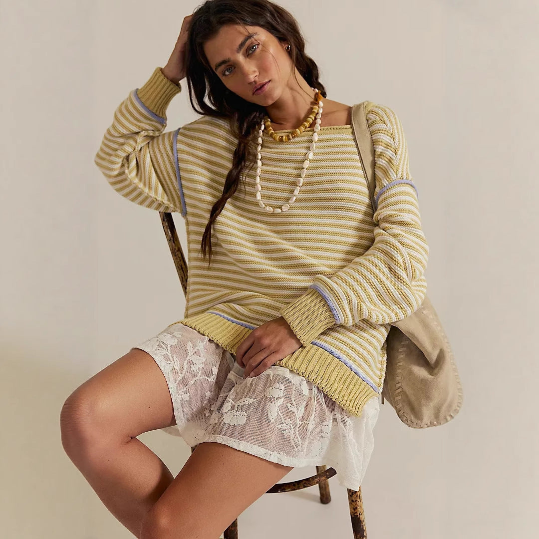 Damen Oversize Ringelstrickpullover mit weitem Schnitt, Bündchen & kontrastierenden Paspeln EB
