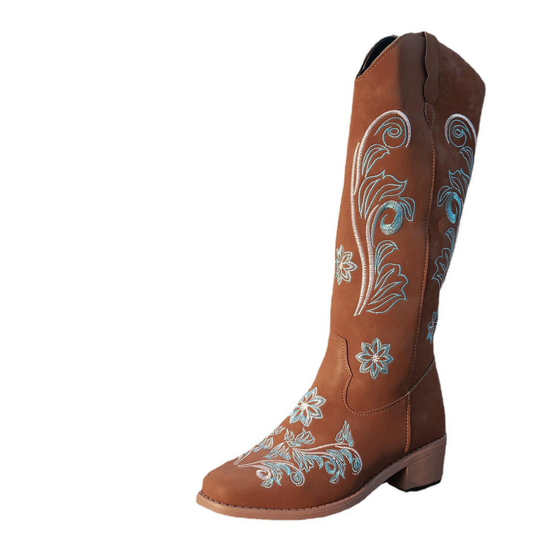 Damen Cowboy-Stiefel mit handgefertigten floralen Details und bequemem Blockabsatz EB