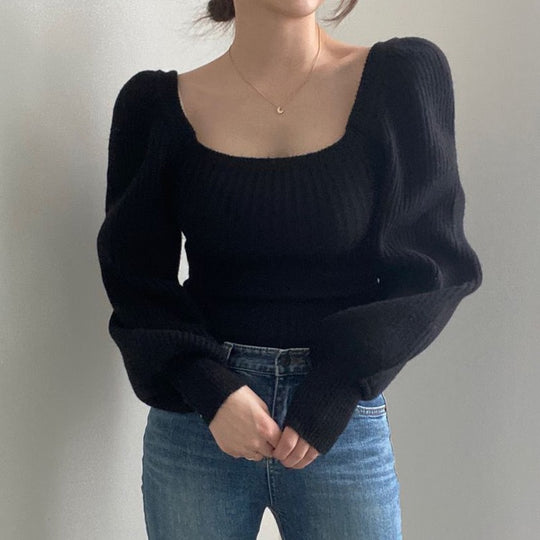 Damen Feinstrickpullover mit modernem Quadrat-Ausschnitt und weit geschnittenen Ärmeln EB
