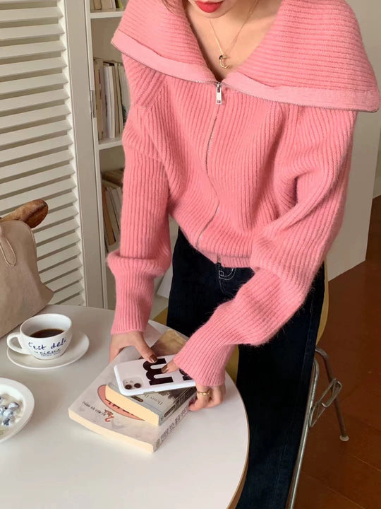 Damen Modischer Oversized-Pullover mit Kragen und Reißverschluss EB